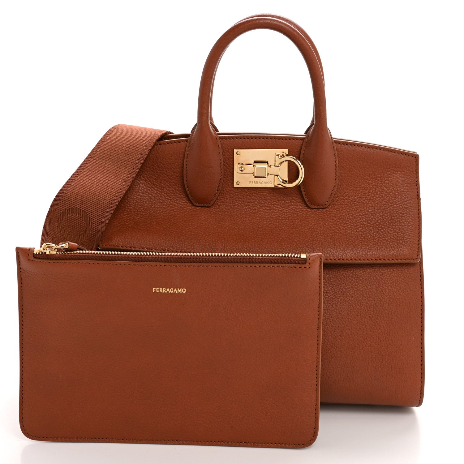Salvatore Ferragamo Calfskin Medium Studio Soft Bag Cognac 1794343