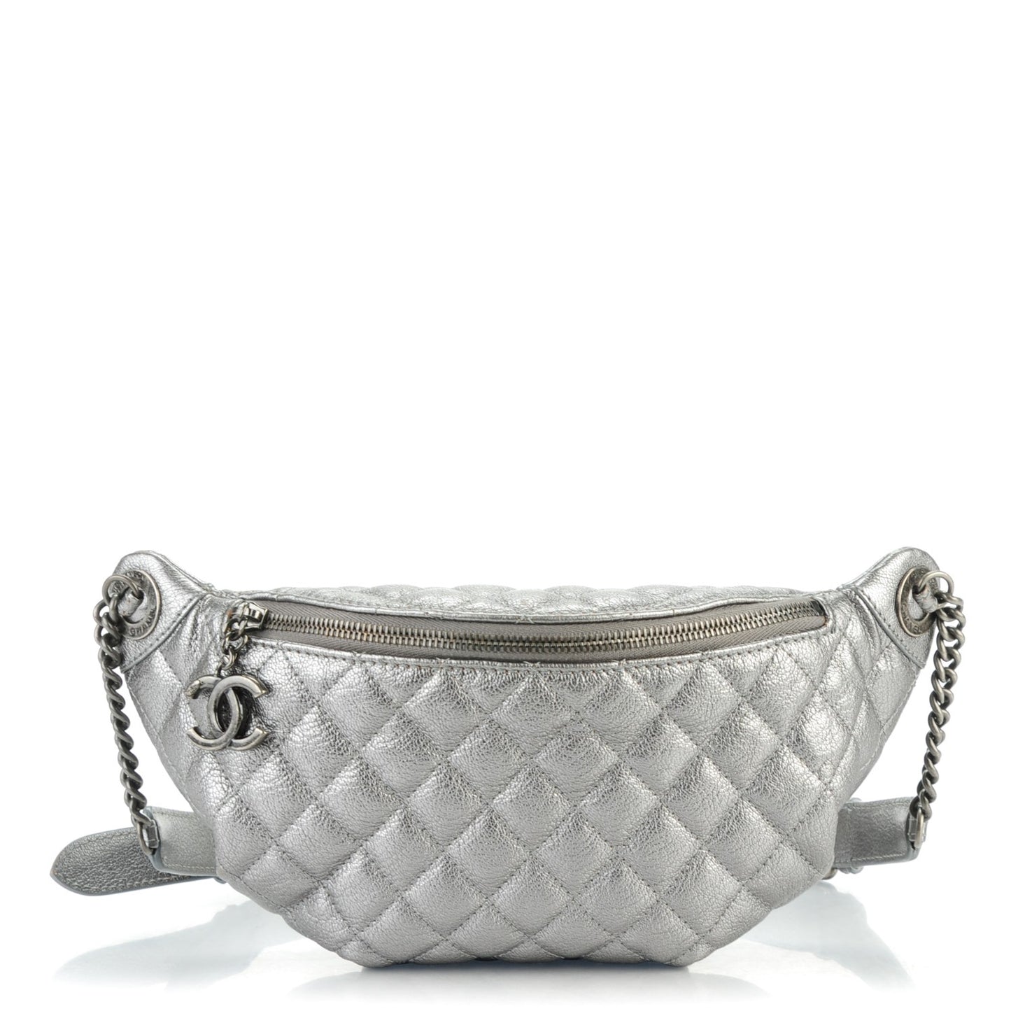 Metallic Goatskin Quilted Banane Waist Bag Fanny Pack Silver