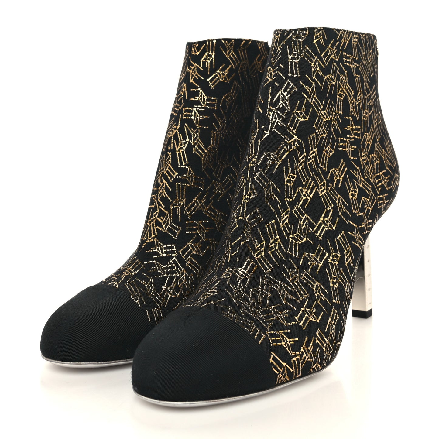 Tweed Grosgrain Printed Cap Toe Ankle Boots 40 Black Gold