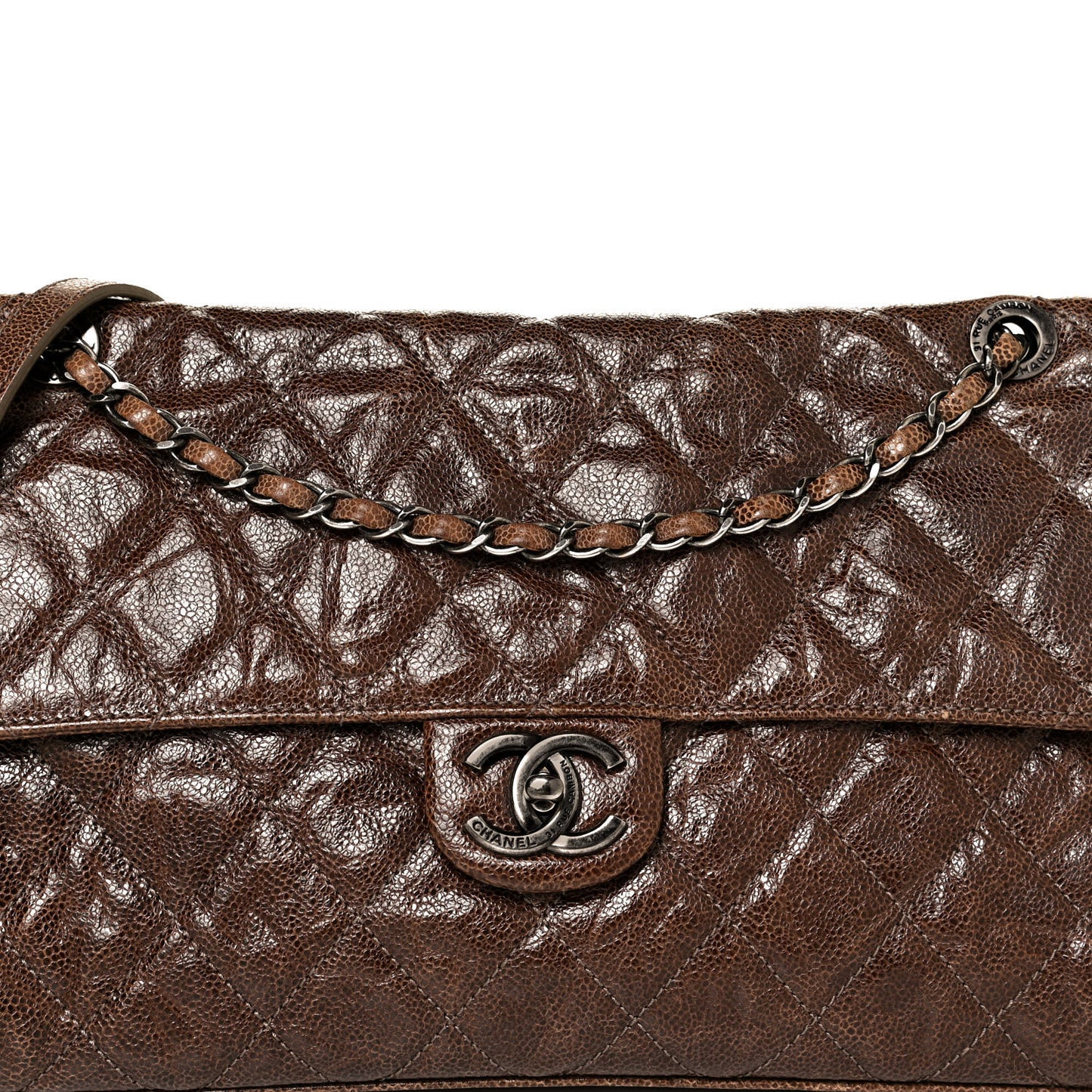 Crumpled Grained Calfskin Jumbo CC Crave Flap Brown