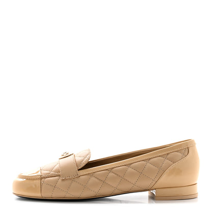 Chanel Lambskin Patent Quilted Womens CC Loafers 38.5 Beige 1 of 8