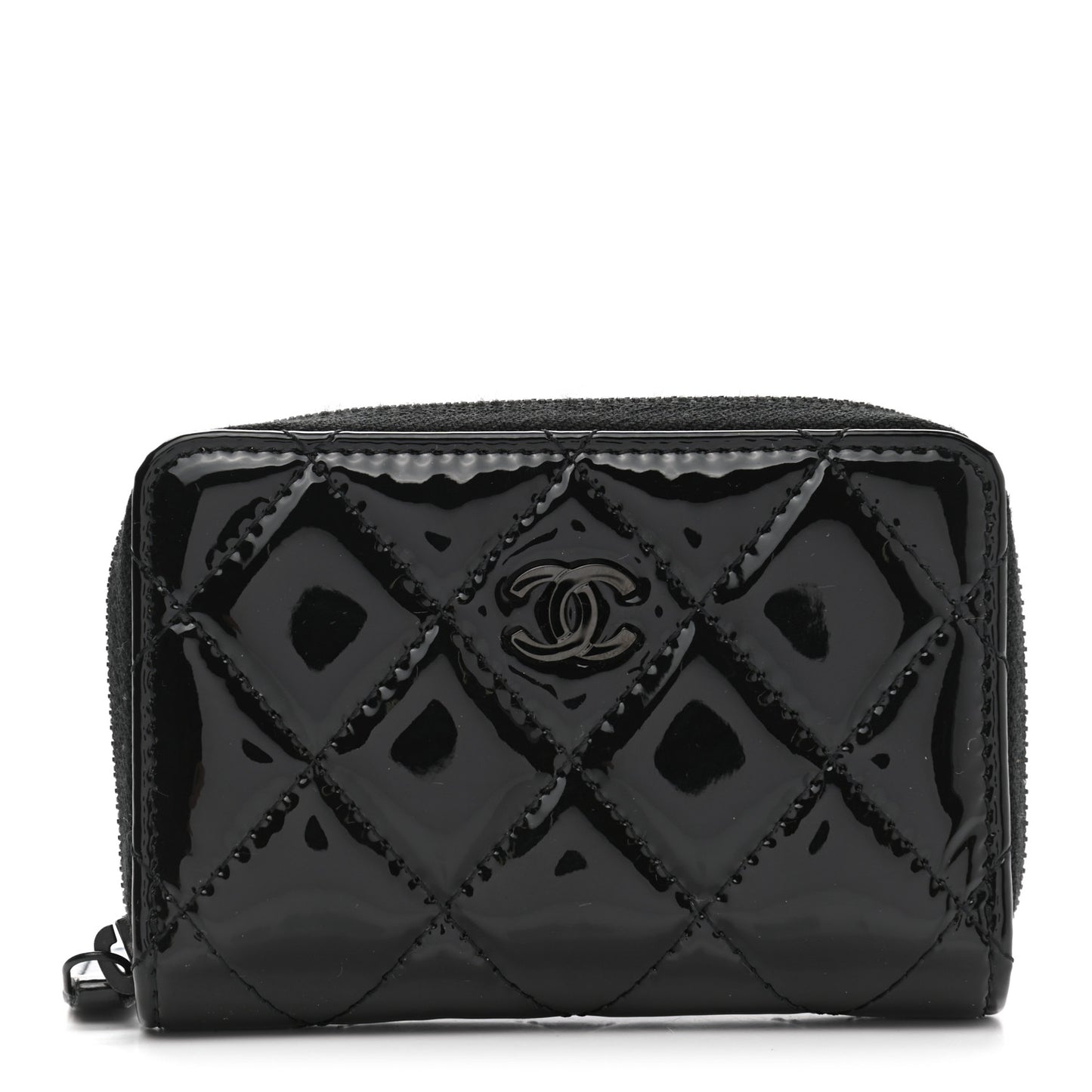 Patent Calfskin Quilted Zip Coin Purse Wallet So Black