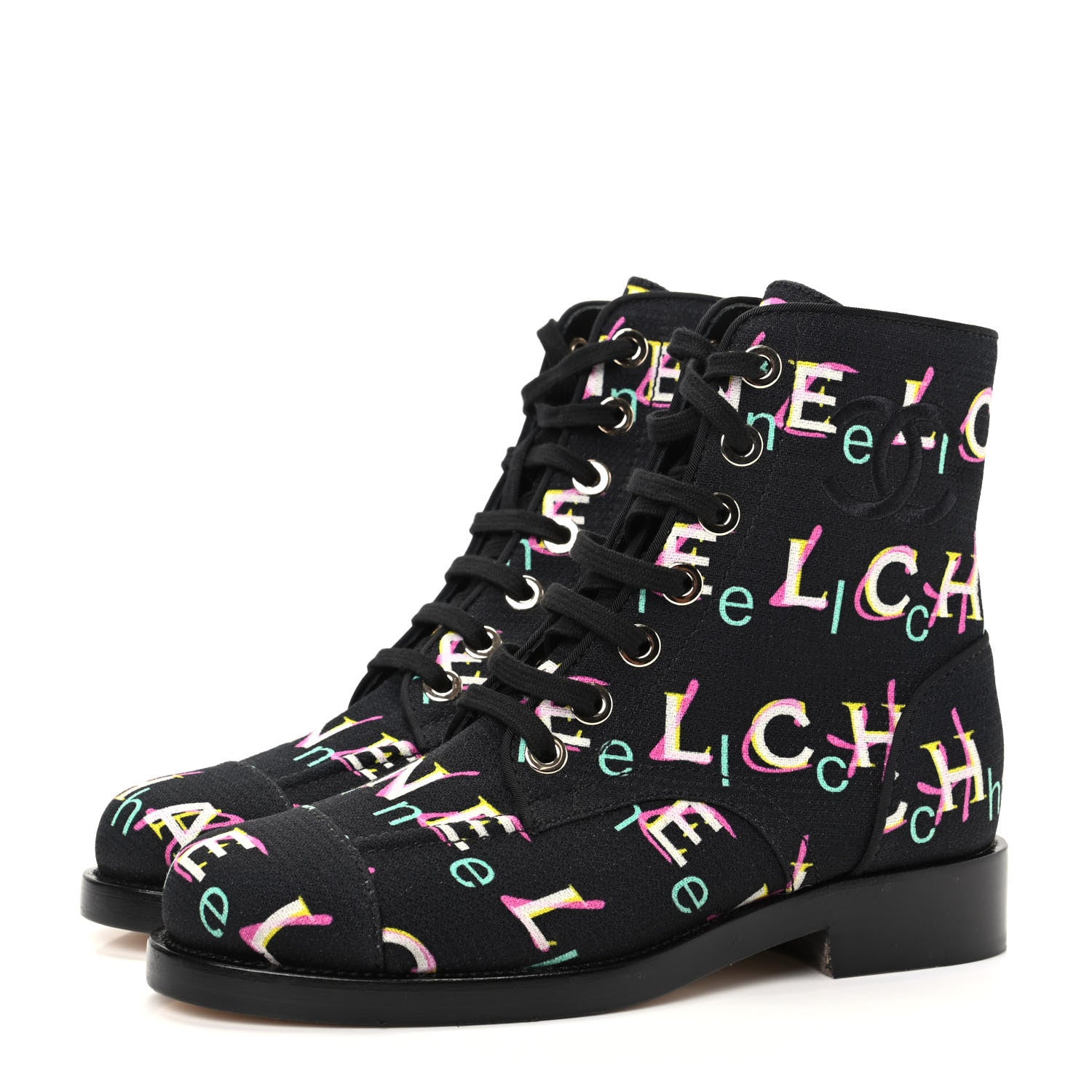 Chanel Tweed Lace Up Short Boots 37 Black Ecru Green Red 3 of 11