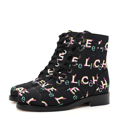 Chanel Tweed Lace Up Short Boots 37 Black Ecru Green Red 3 of 11
