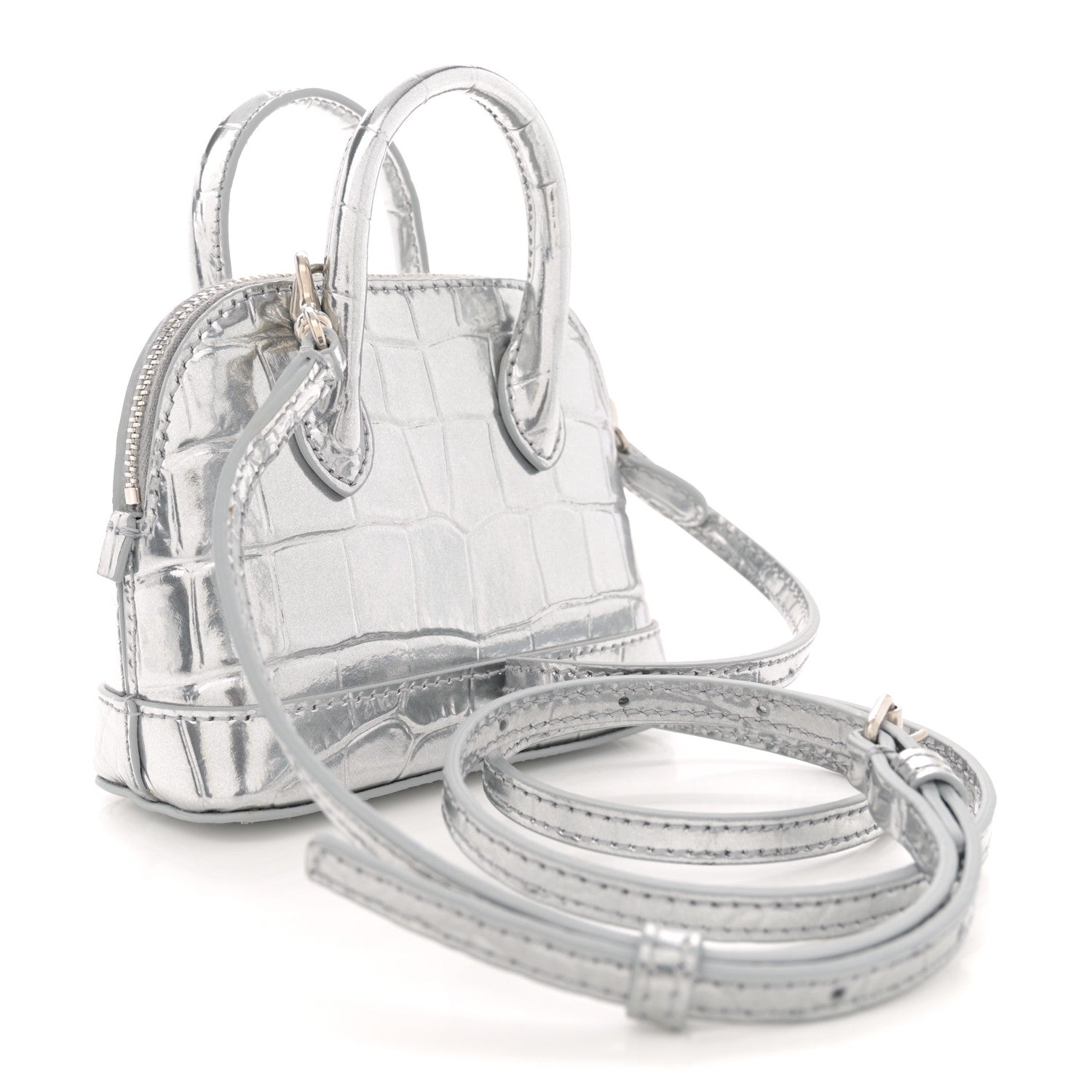 Balenciaga Metallic Calfskin Logo Crocodile Embossed Mini Ville Top Handle Bag Silver Black 3 of 11