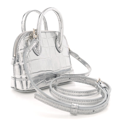 Balenciaga Metallic Calfskin Logo Crocodile Embossed Mini Ville Top Handle Bag Silver Black 3 of 11