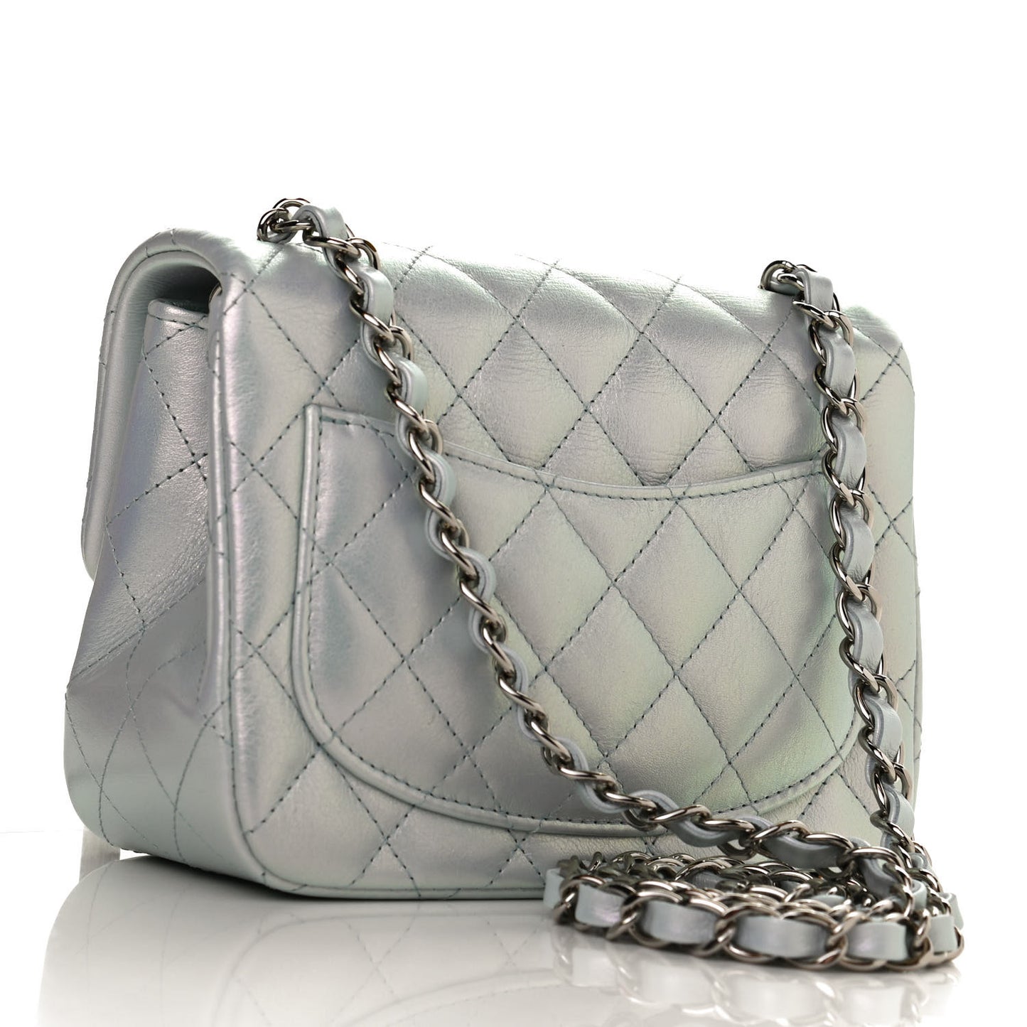 Iridescent Lambskin Quilted Mini Square Flap Light Blue