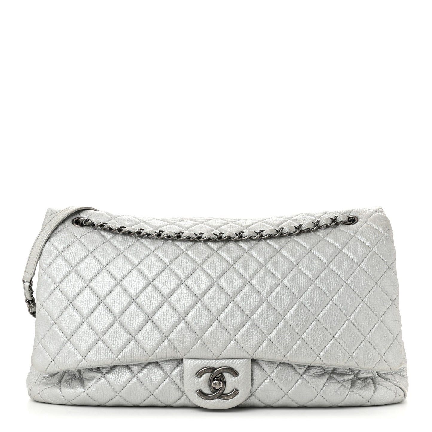 Metallic Calfskin Quilted XXL Travel Flap Bag Silver