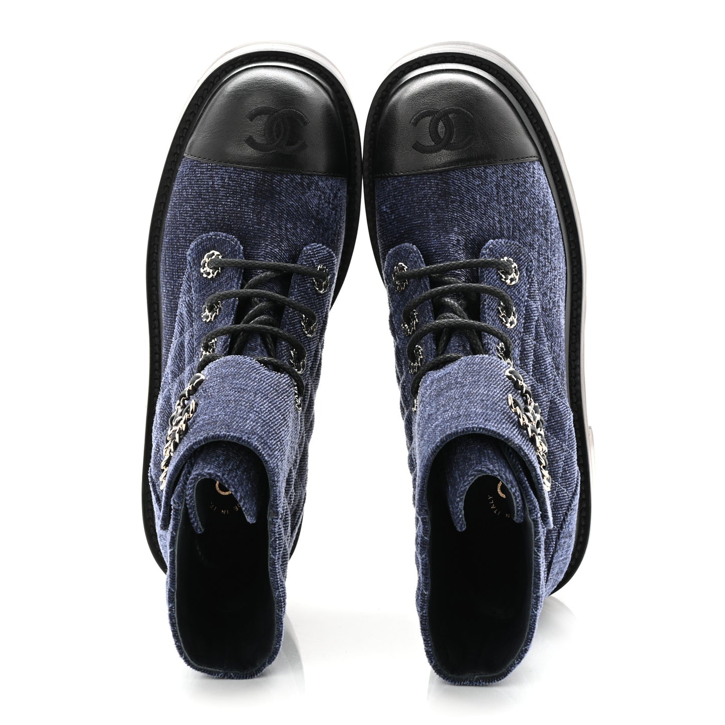 Denim Calfskin Quilted Lace Up Combat Boots 37.5 Blue