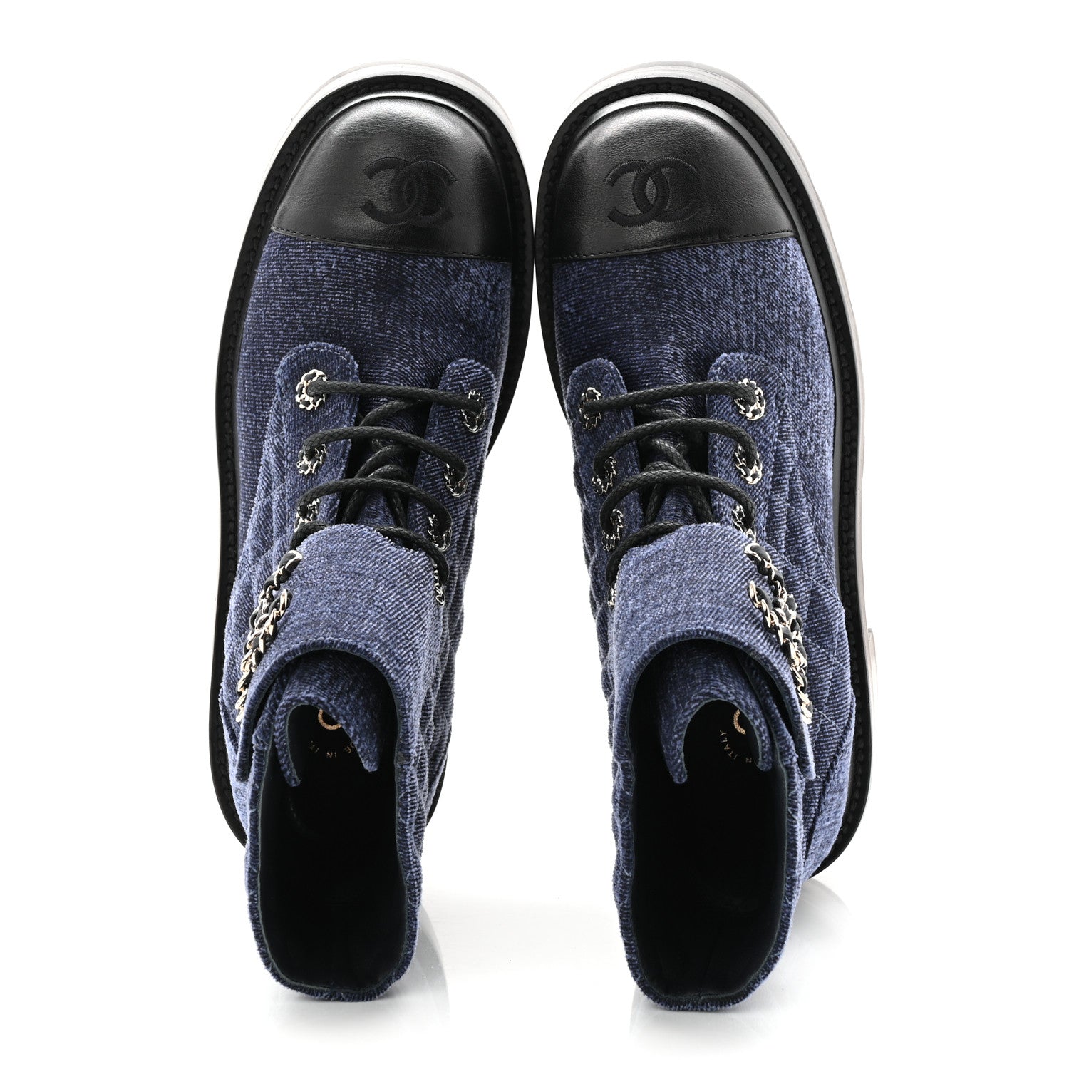 Chanel Denim Calfskin Quilted Lace Up Combat Boots 37.5 Blue 2 of 11