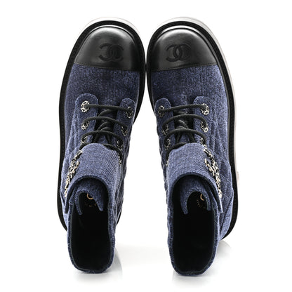 Chanel Denim Calfskin Quilted Lace Up Combat Boots 37.5 Blue 2 of 11