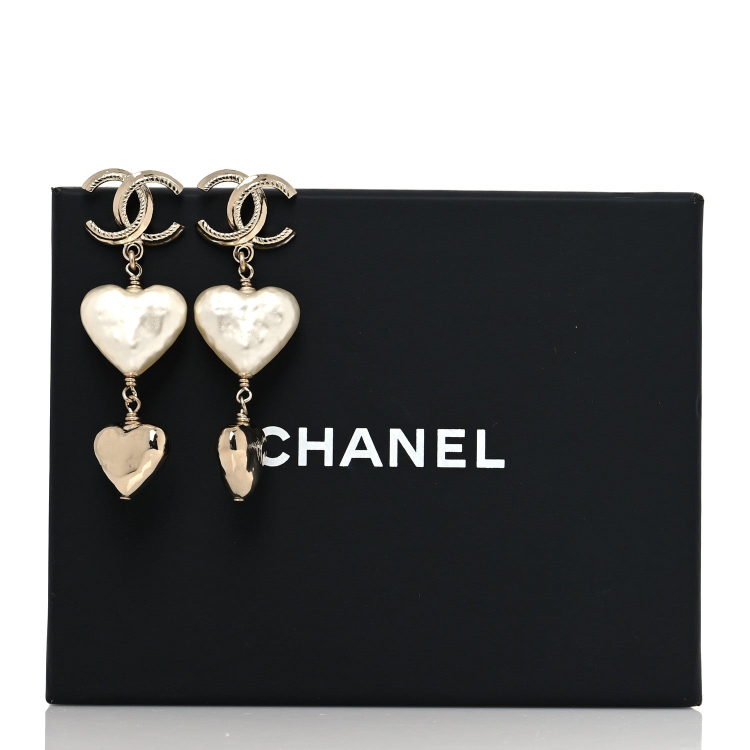 Chanel Pearl CC Double Heart Drop Earrings Gold 5 of 5