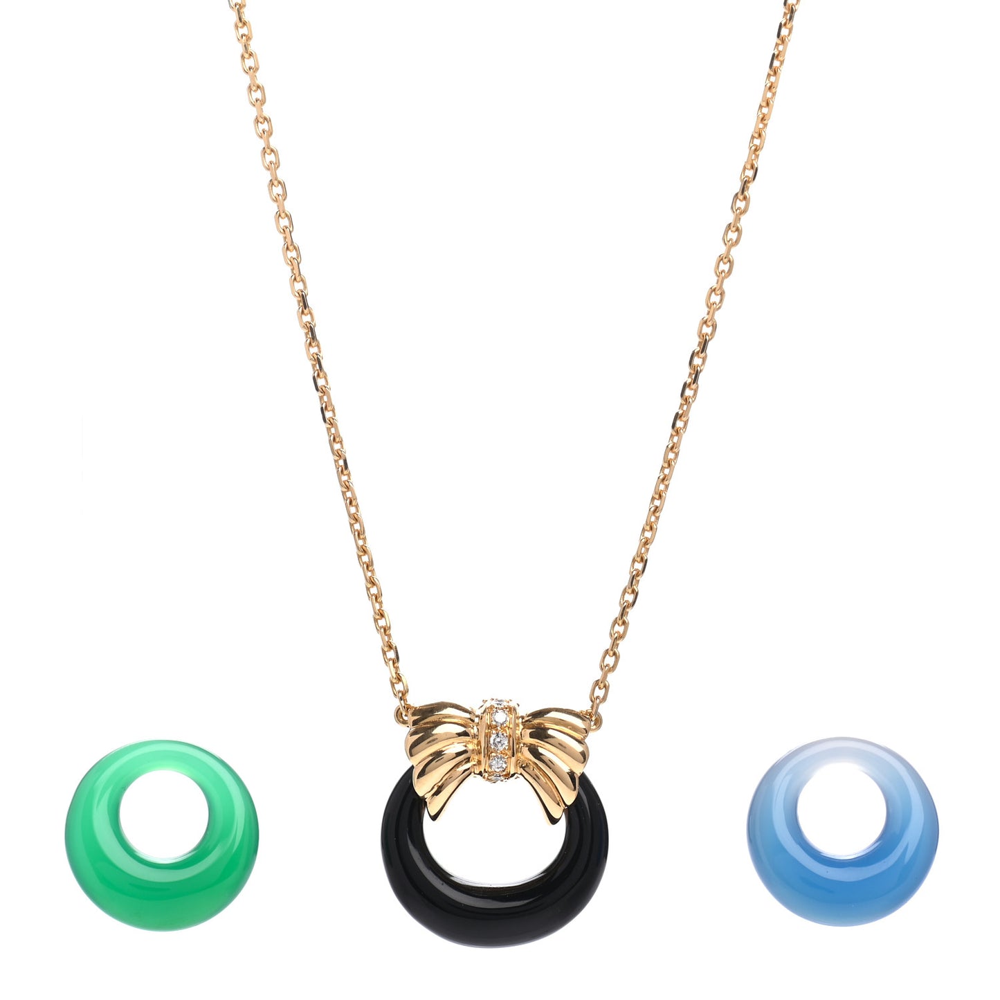 18K Yellow Gold Diamond Onyx Green Chalcedony Blue Chalcedony Interchangeable Bow Door Knocker Necklace