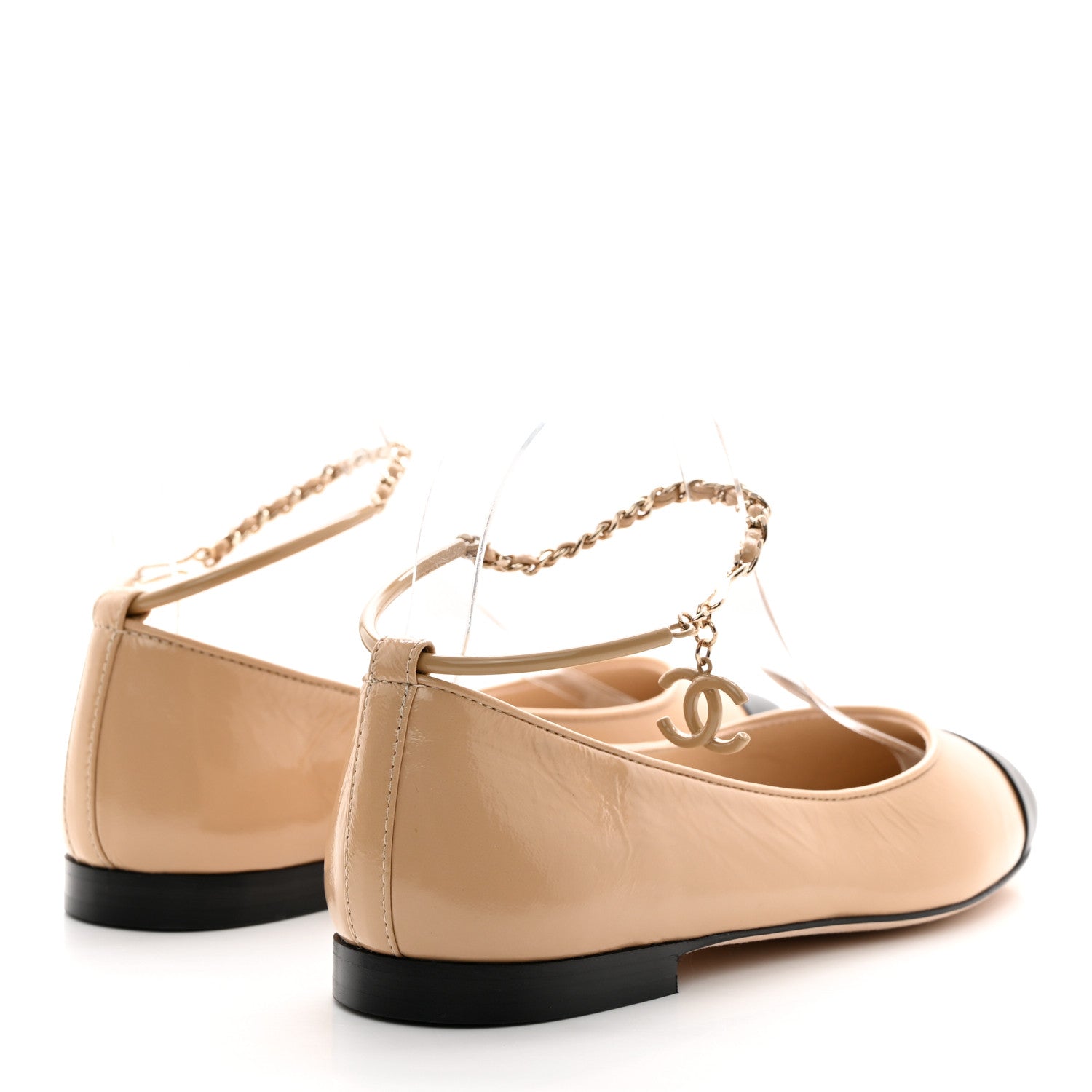 Chanel Lambskin Cap Toe Ankle Chain Ballerina Flats 36 Beige Black 4 of 9