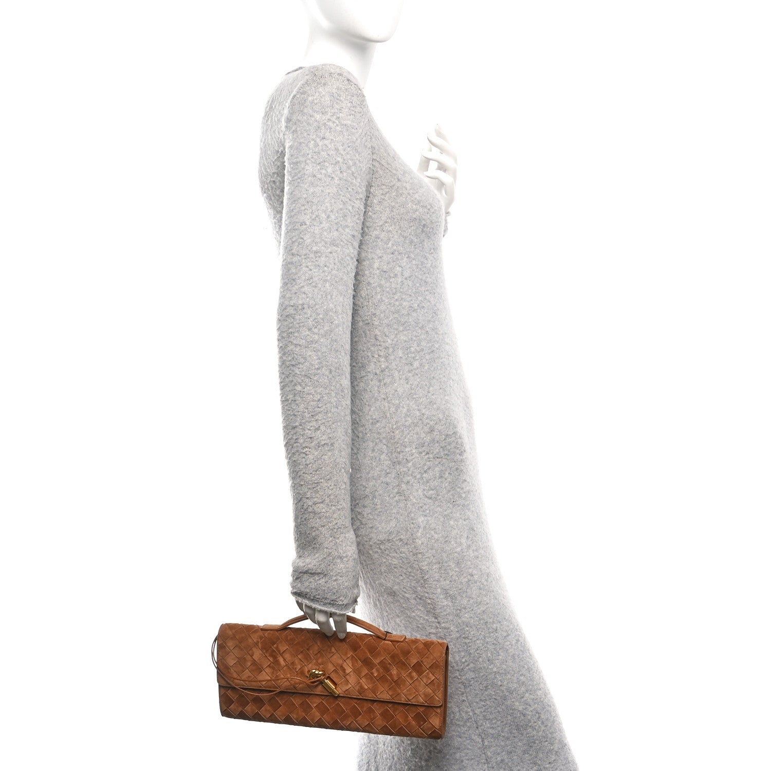 Bottega Veneta Suede Intrecciato Long Andiamo Top Handle Clutch Amber 2 of 9