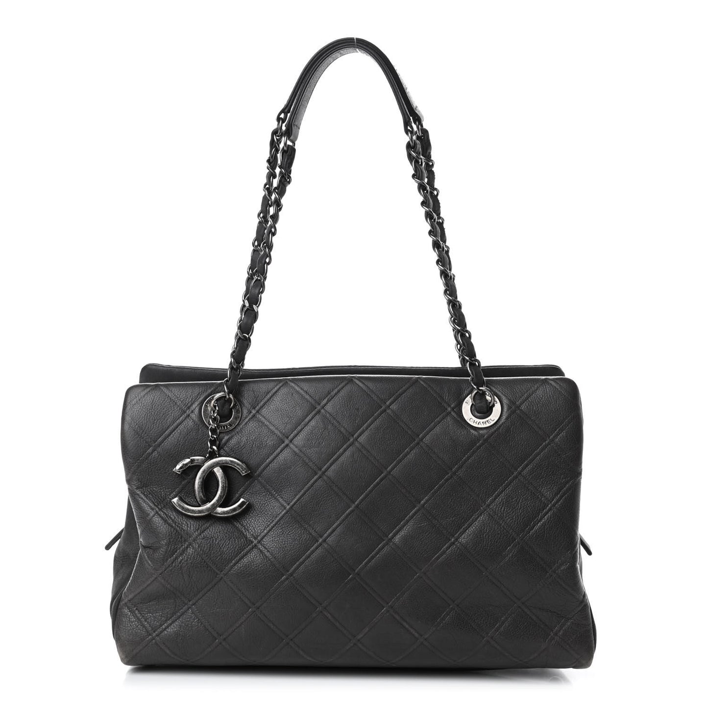 Calfskin Diamond Embossed Large CC Zip Shopping Tote Grey
