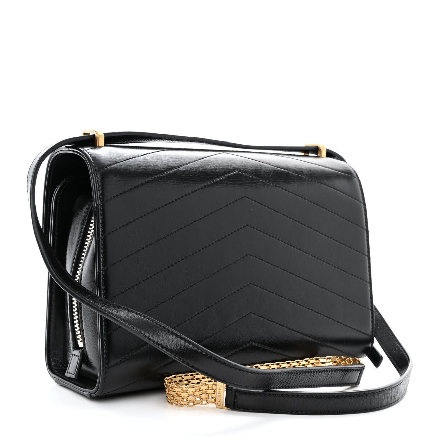 Calfskin Chevron Quilted Medal Flap Black