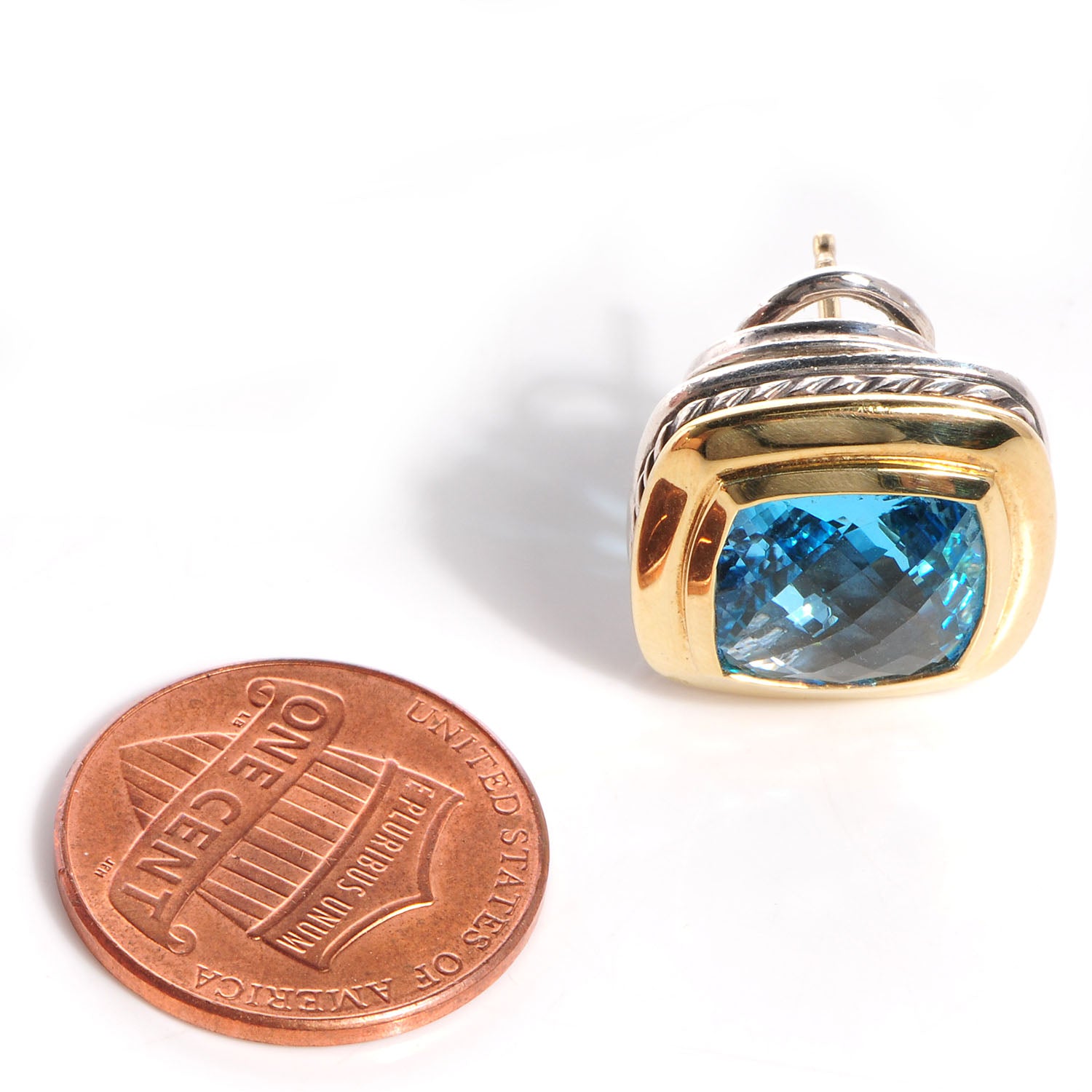 David Yurman Sterling Silver 18K Yellow Gold Blue Topaz 11mm Albion Earrings 2 of 5