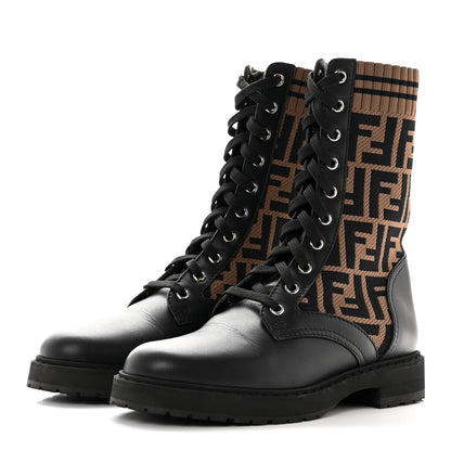 Fendi Calfskin Stretch Fabric FF Rockoko Biker Boots 36 Black Tobacco 3 of 15