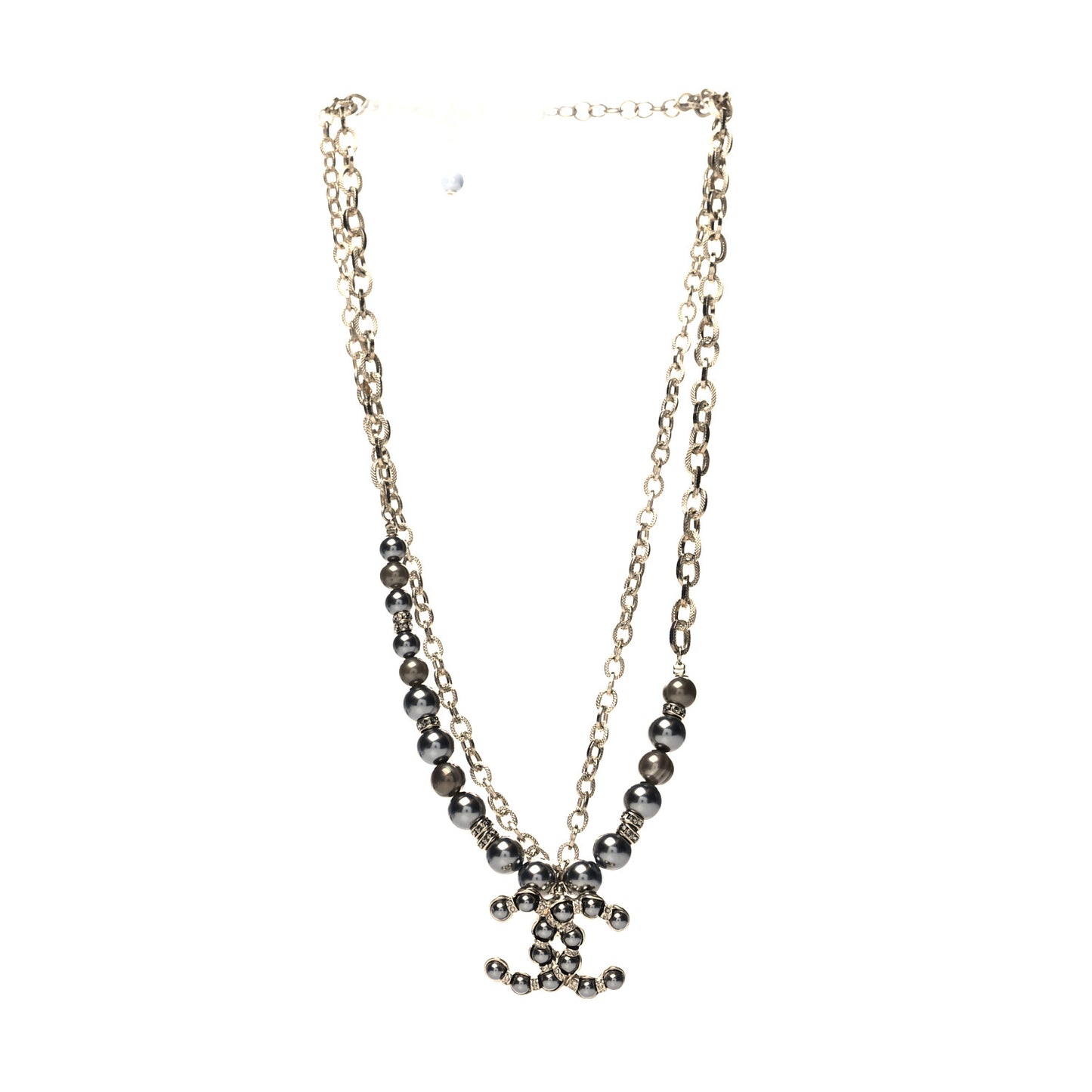 Crystal Pearl Nefertiti CC Double Chain Pendant Necklace Gold Dark Grey