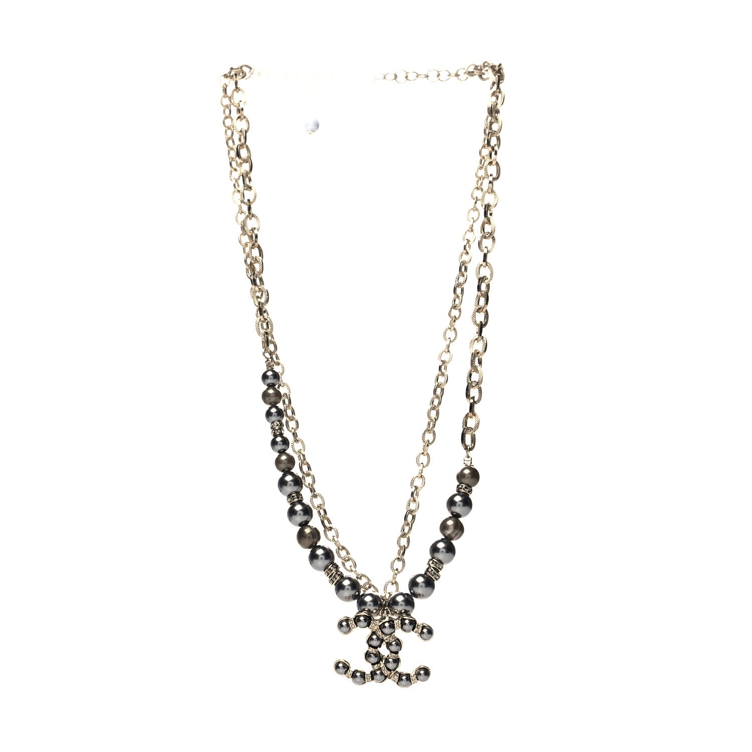 Chanel Crystal Pearl Nefertiti CC Double Chain Pendant Necklace Gold Dark Grey 3 of 5