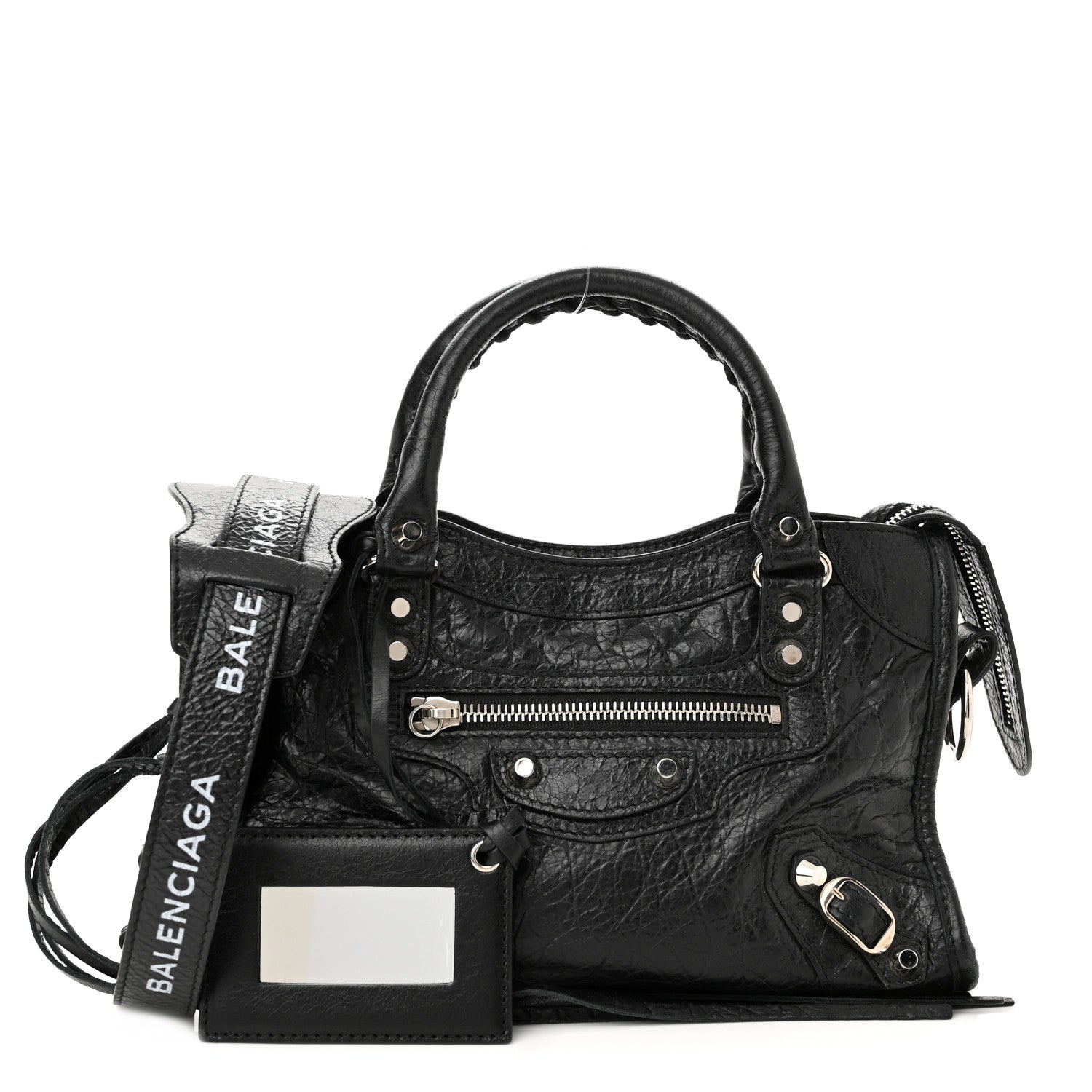 Balenciaga Agneau Classic Silver Hardware Mini City Logo Strap Black White 1 of 11