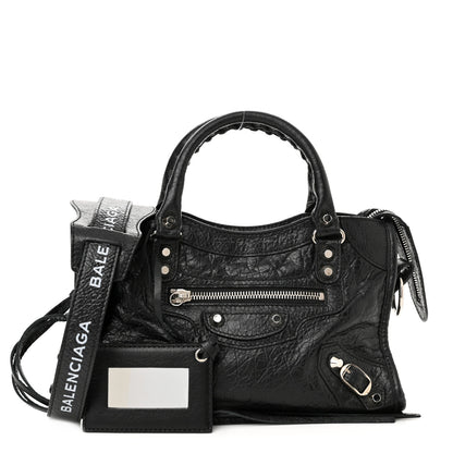 Balenciaga Agneau Classic Silver Hardware Mini City Logo Strap Black White 1 of 11
