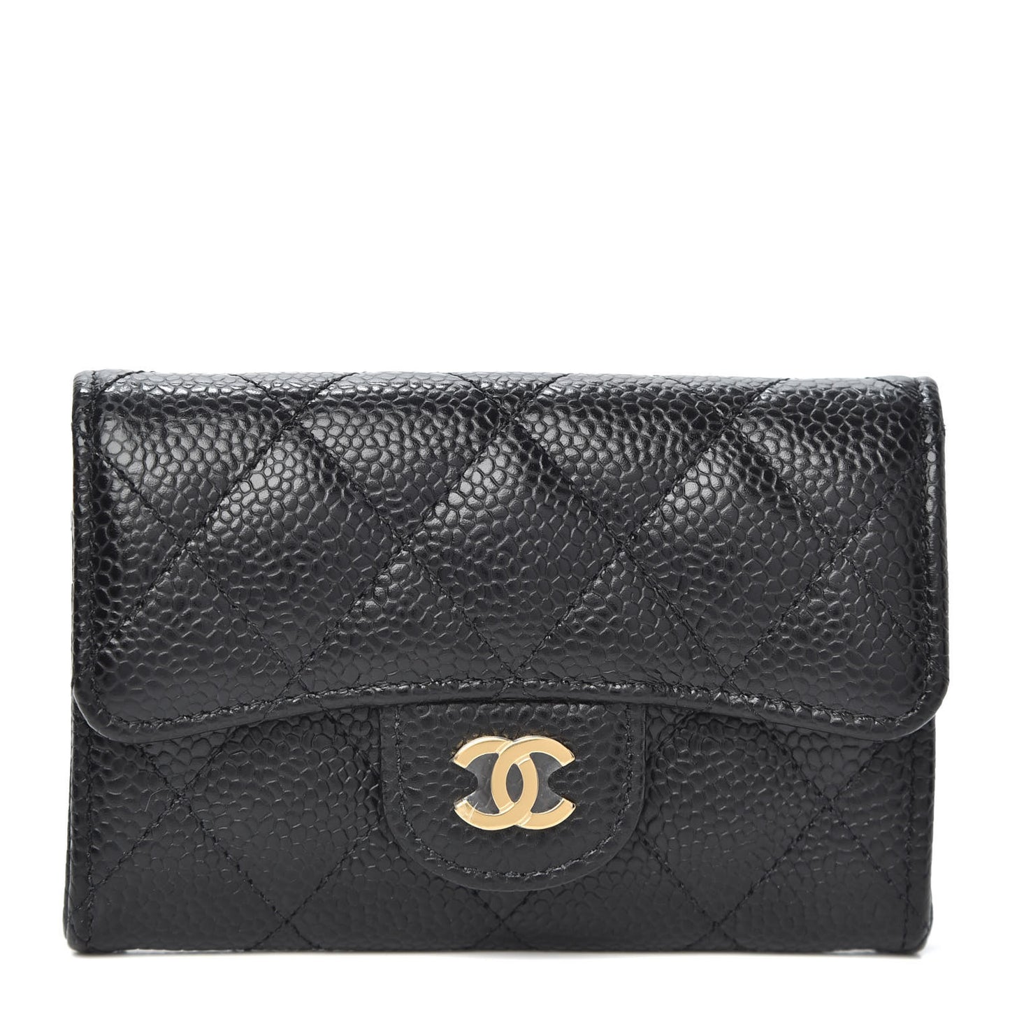 Caviar Quilted Flap Card Holder Wallet Black