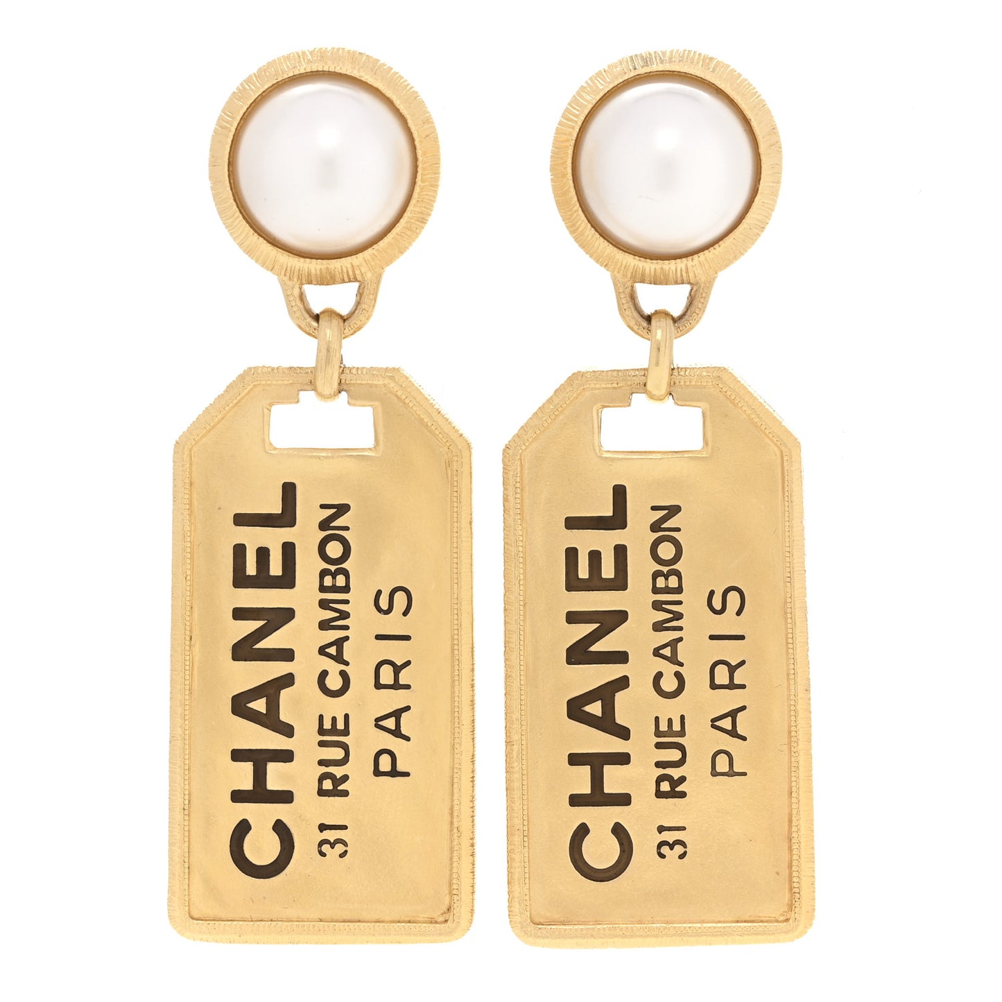 Pearl CC Tags Drop Earrings Gold