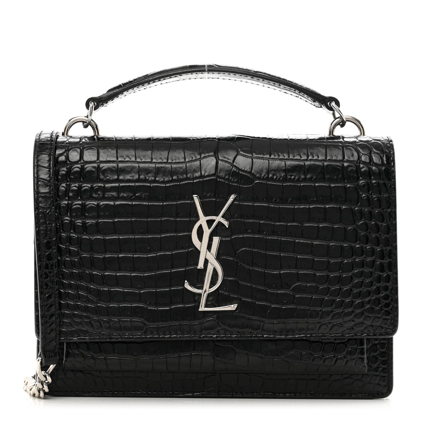 Calfskin Crocodile Embossed Monogram Sunset Top Handle Chain Wallet Black