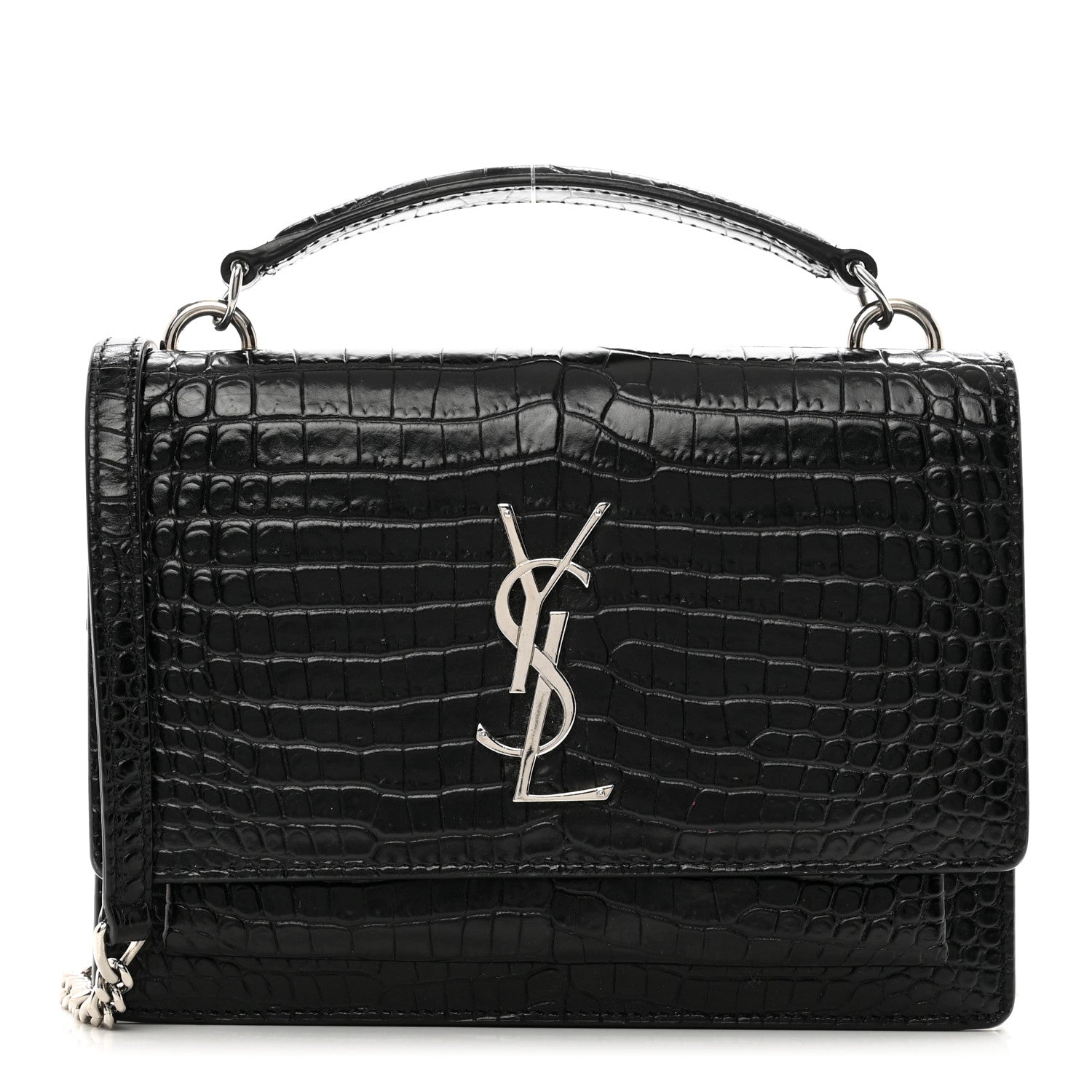 Saint Laurent Calfskin Crocodile Embossed Monogram Sunset Top Handle Chain Wallet Black 1 of 12