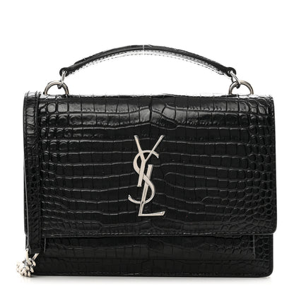 Saint Laurent Calfskin Crocodile Embossed Monogram Sunset Top Handle Chain Wallet Black 1 of 12