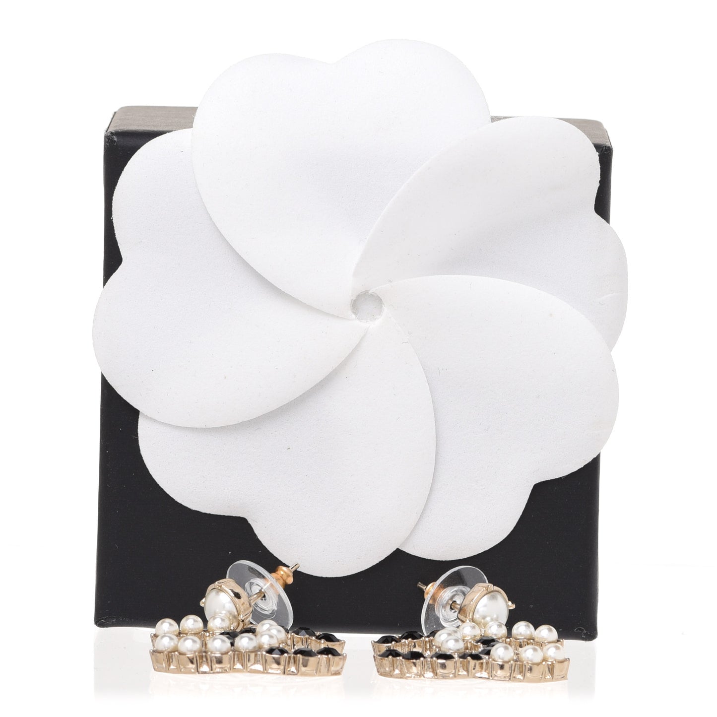 Resin Pearl CC Dazzling Domino Earrings Gold Black