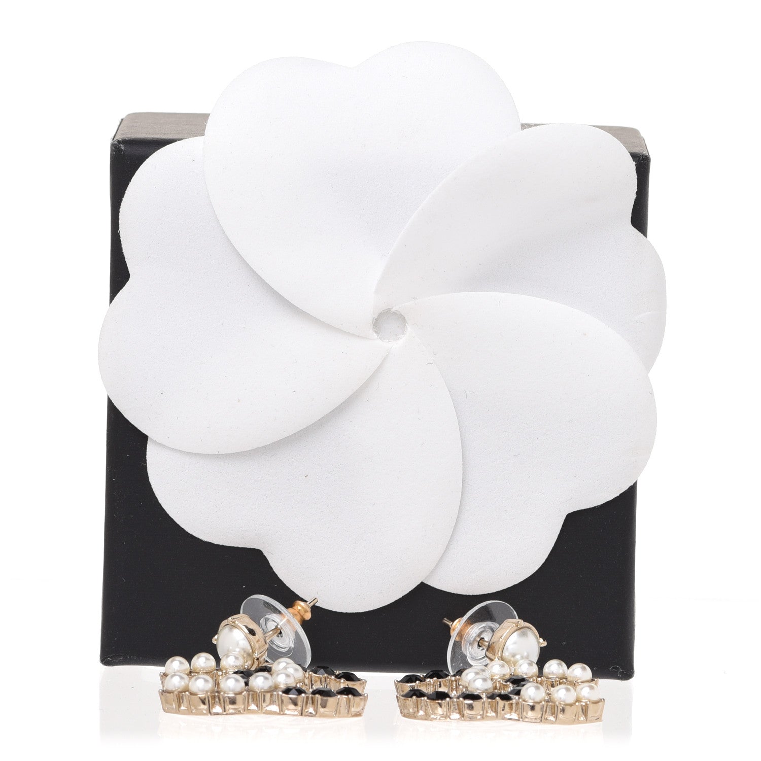 Chanel Resin Pearl CC Dazzling Domino Earrings Gold Black 5 of 5