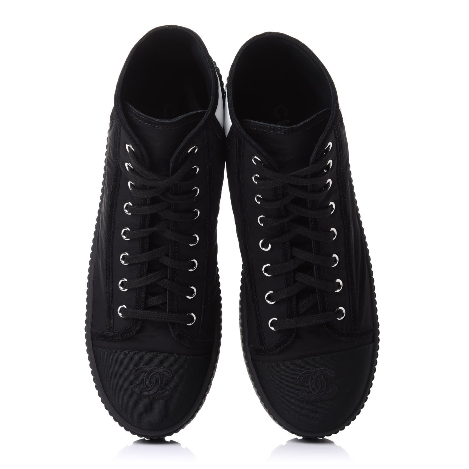 Chanel Fabric Suede Kidskin Grosgrain Lace Up Cap Toe Sneakers 42 Black White 6 of 11