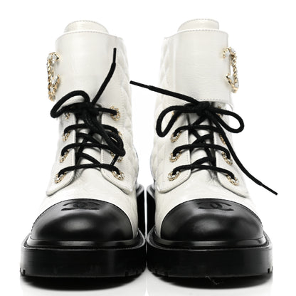 Chanel Shiny Goatskin Calfskin Quilted Lace Up Combat Boots 40.5 Black White 2 of 9