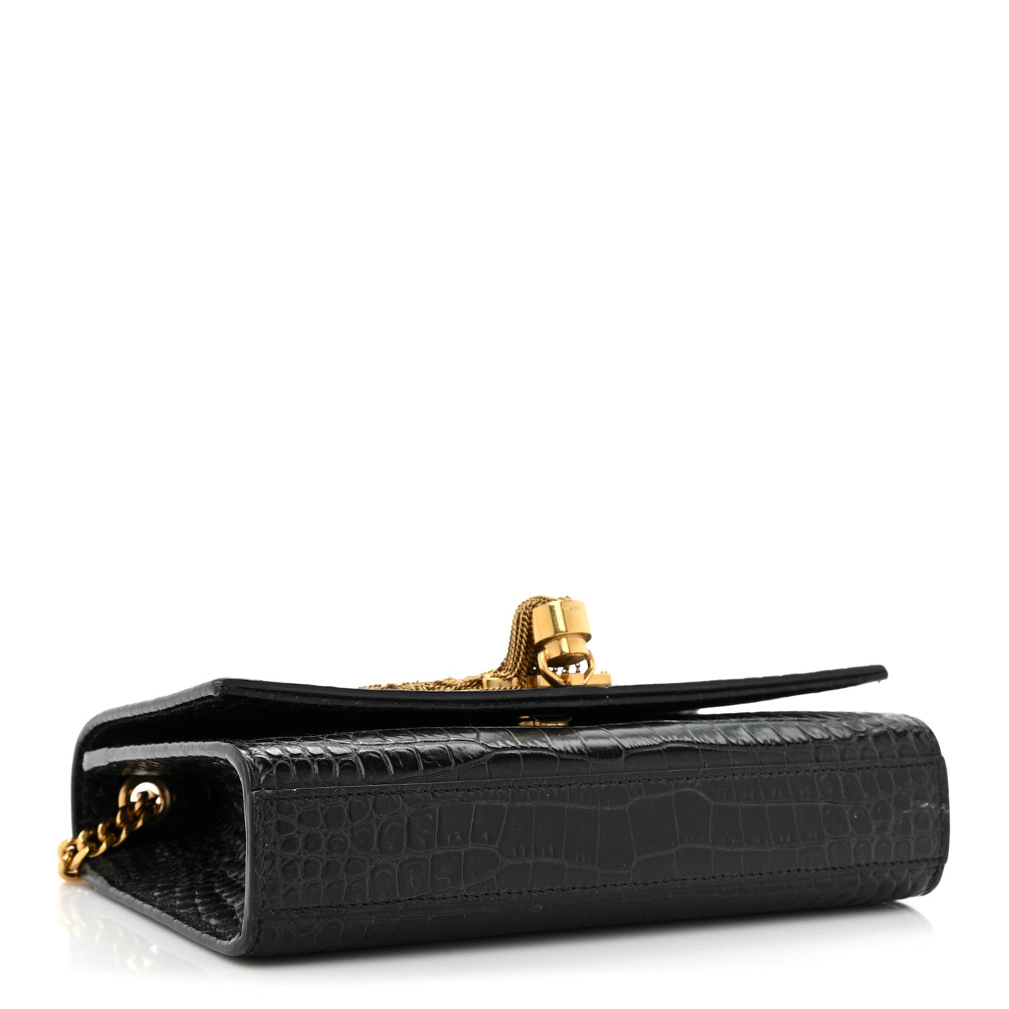 Calfskin Crocodile Embossed Medium Classic Monogram Kate Tassel Satchel Black