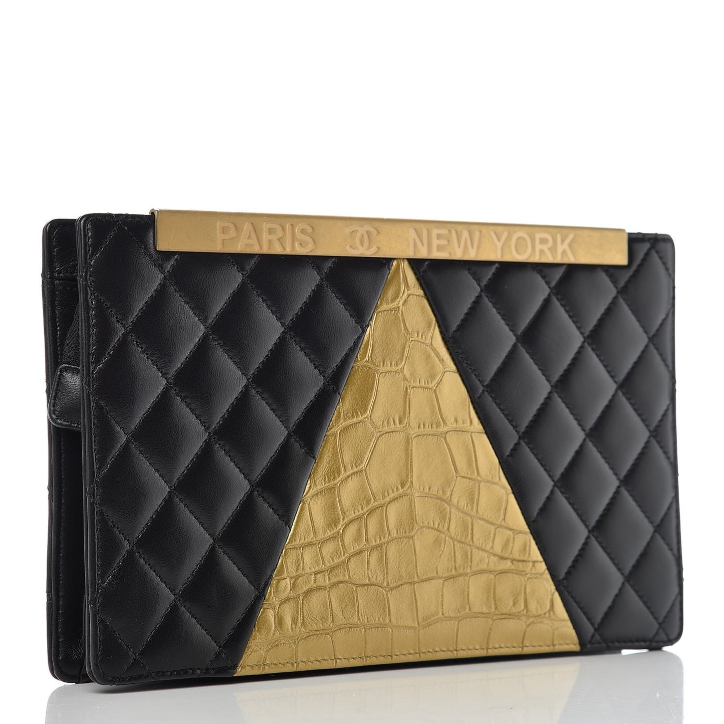 Lambskin Metallic Calfskin Crocodile Embossed Clutch Black Gold