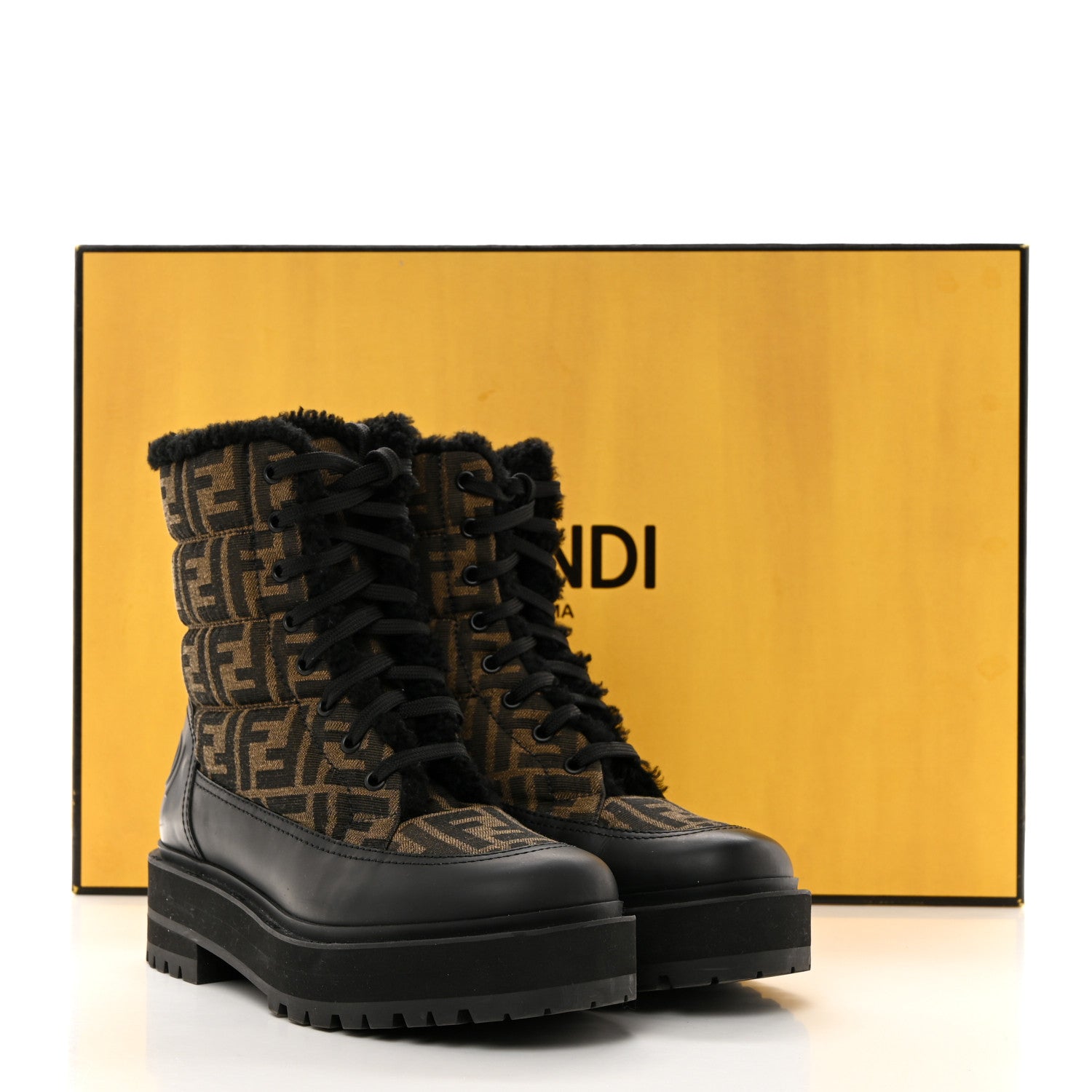 Fendi Vitello Nylon Jacquard Fabric FF Signature Biker Boots 39 Black Tobacco 8 of 8