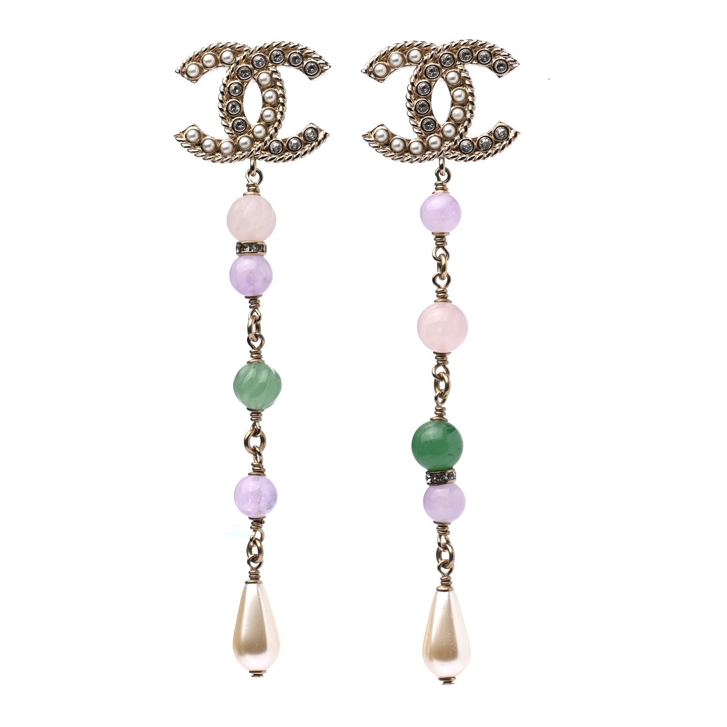 Chanel Crystal Pearl Beaded CC Long Drop Earrings Gold Multicolor 1 of 4