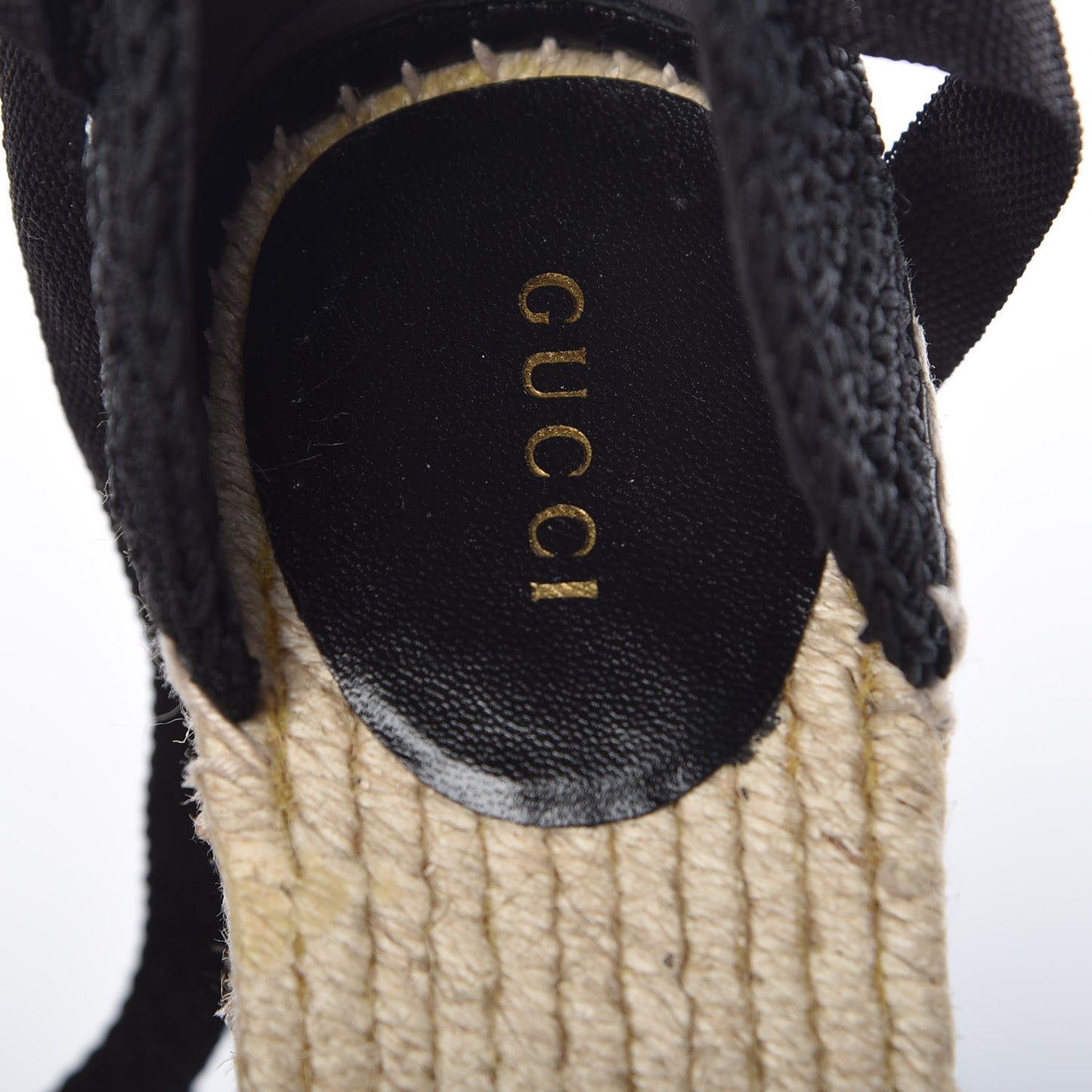 Cotton Crochet Pearly GG Ankle Wrap Platform Espadrille Wedges 37 Black