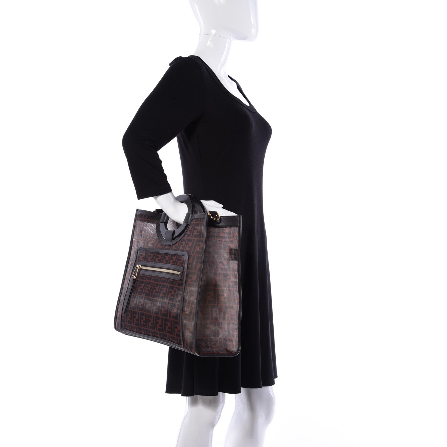 Fendi Mesh Vitello Century Cuoio FF 1974 Medium Runaway Shopper Tote Marrone Black Ebano 3 of 10