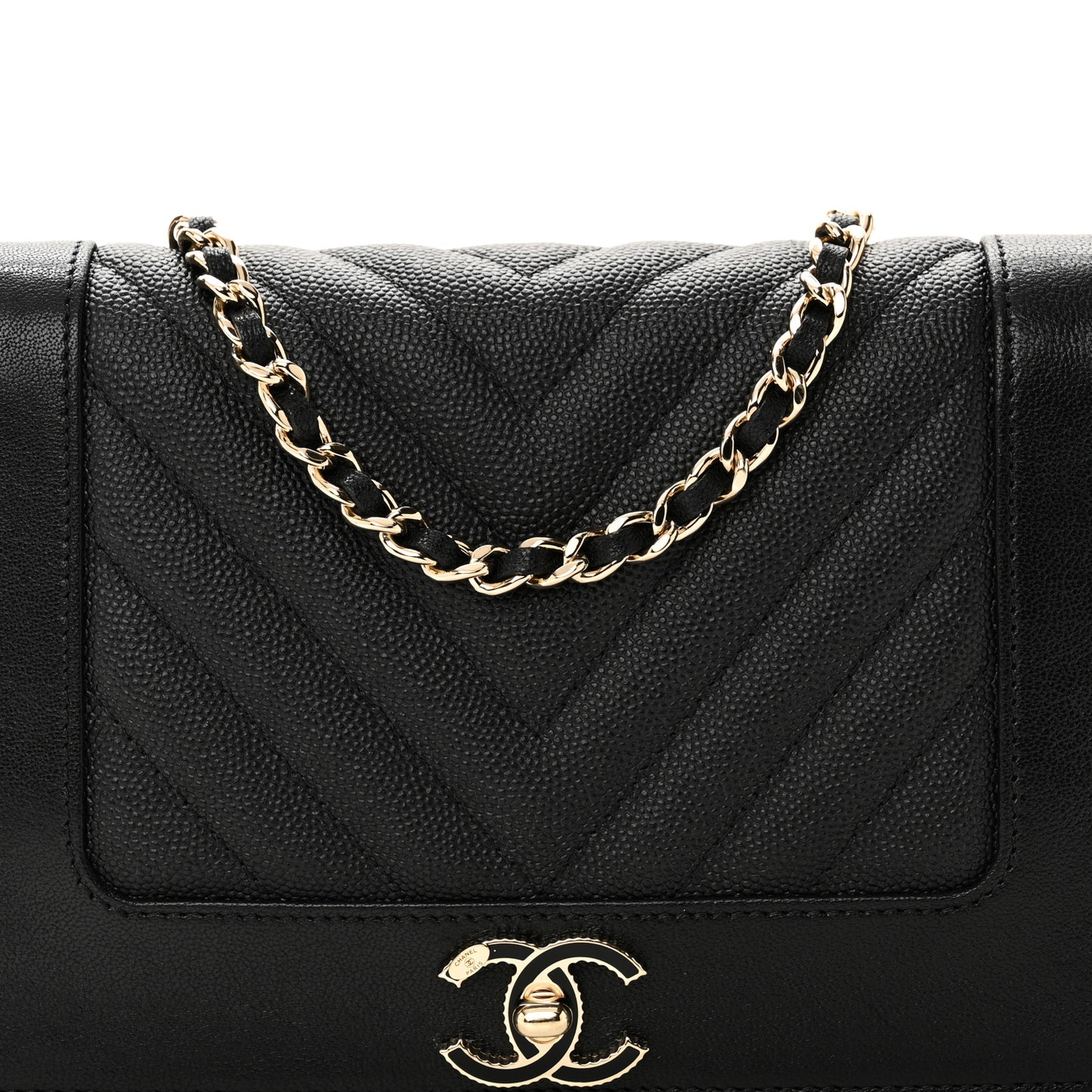 Caviar Sheepskin Chevron Quilted Vintage Mademoiselle Wallet On Chain WOC Black