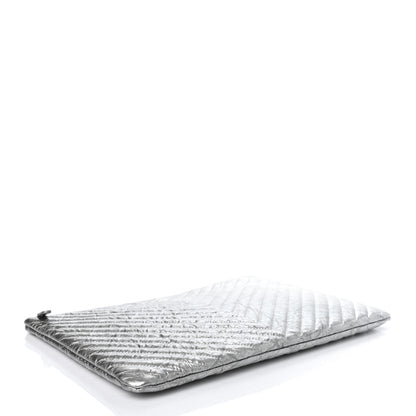 Chanel Metallic Crumpled Calfskin Chevron Quilted Large Cosmetic Case Silver 3 of 6