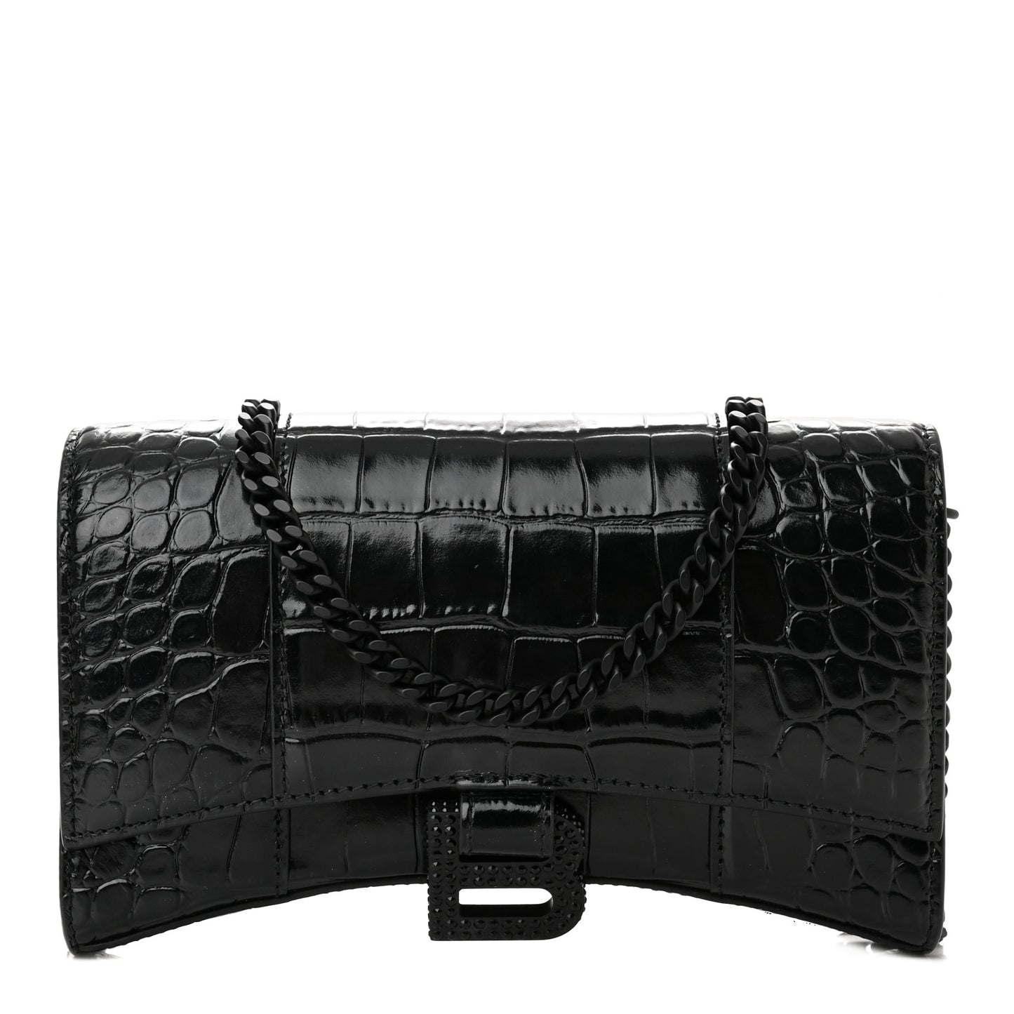 Shiny Calfskin Monochrome Crocodile Embossed Hourglass Chain Bag Black