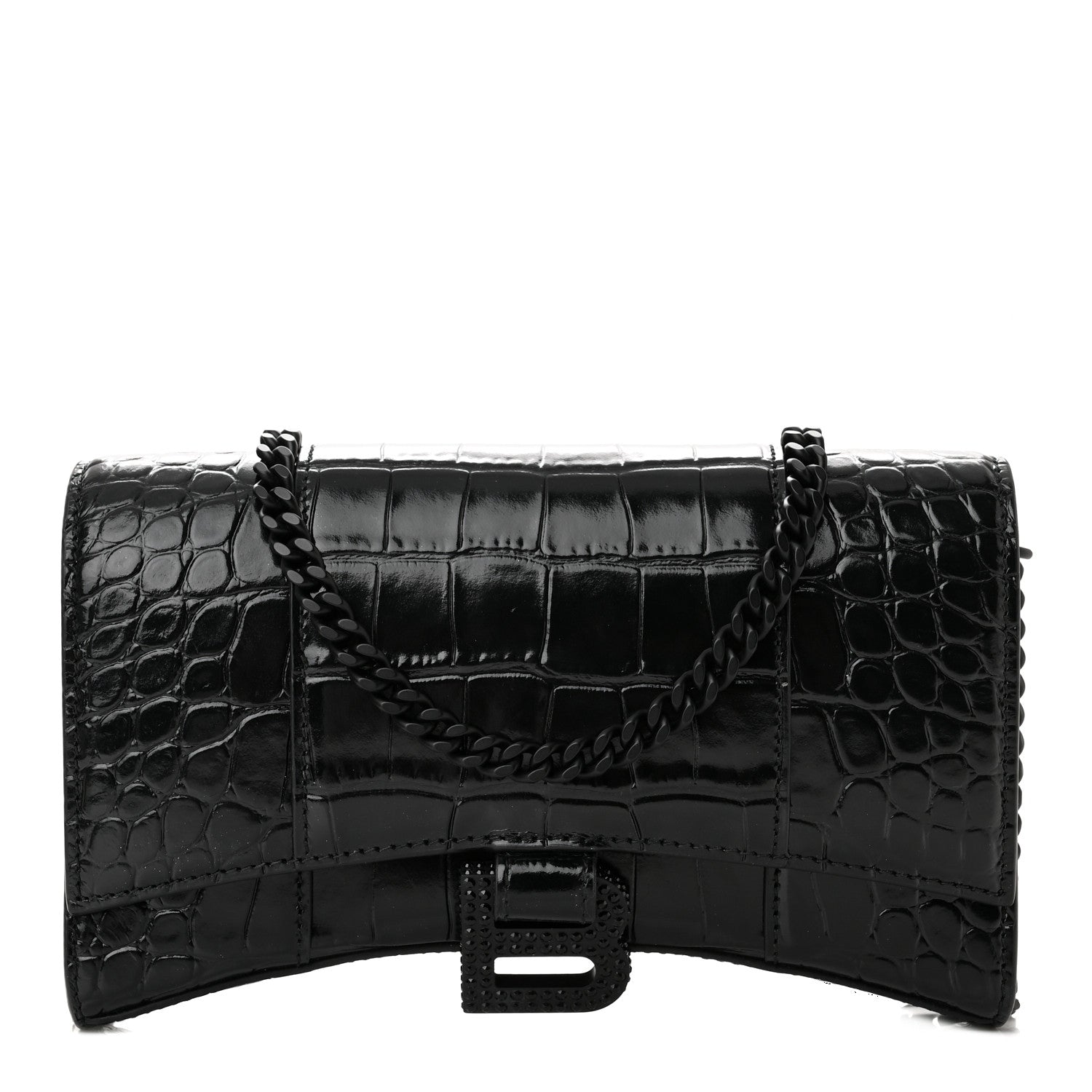 Balenciaga Shiny Calfskin Monochrome Crocodile Embossed Hourglass Chain Bag Black 1 of 9