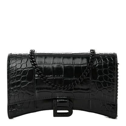 Balenciaga Shiny Calfskin Monochrome Crocodile Embossed Hourglass Chain Bag Black 1 of 9