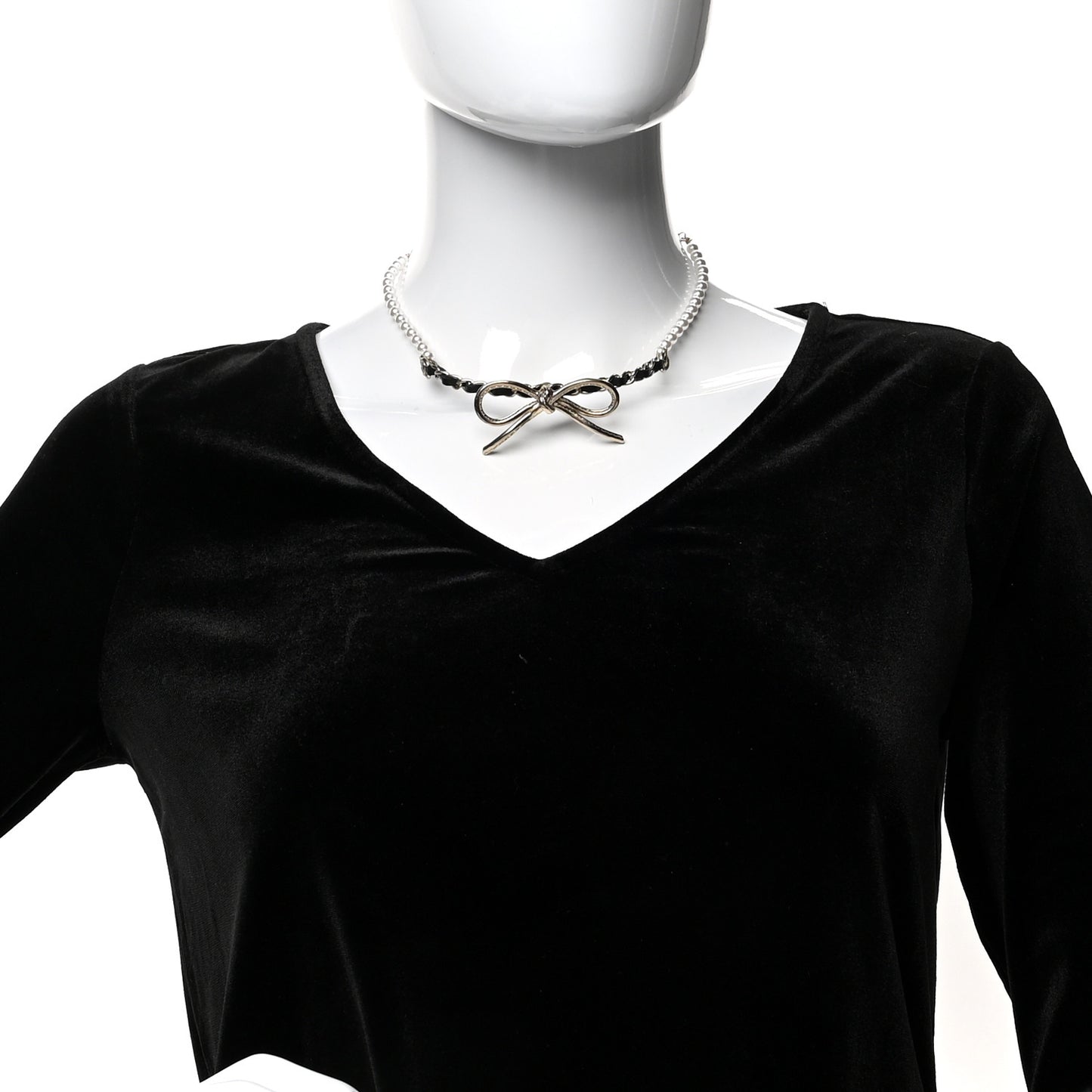 Calfskin Pearl Metal CC Bow Choker Necklace Gold White Black