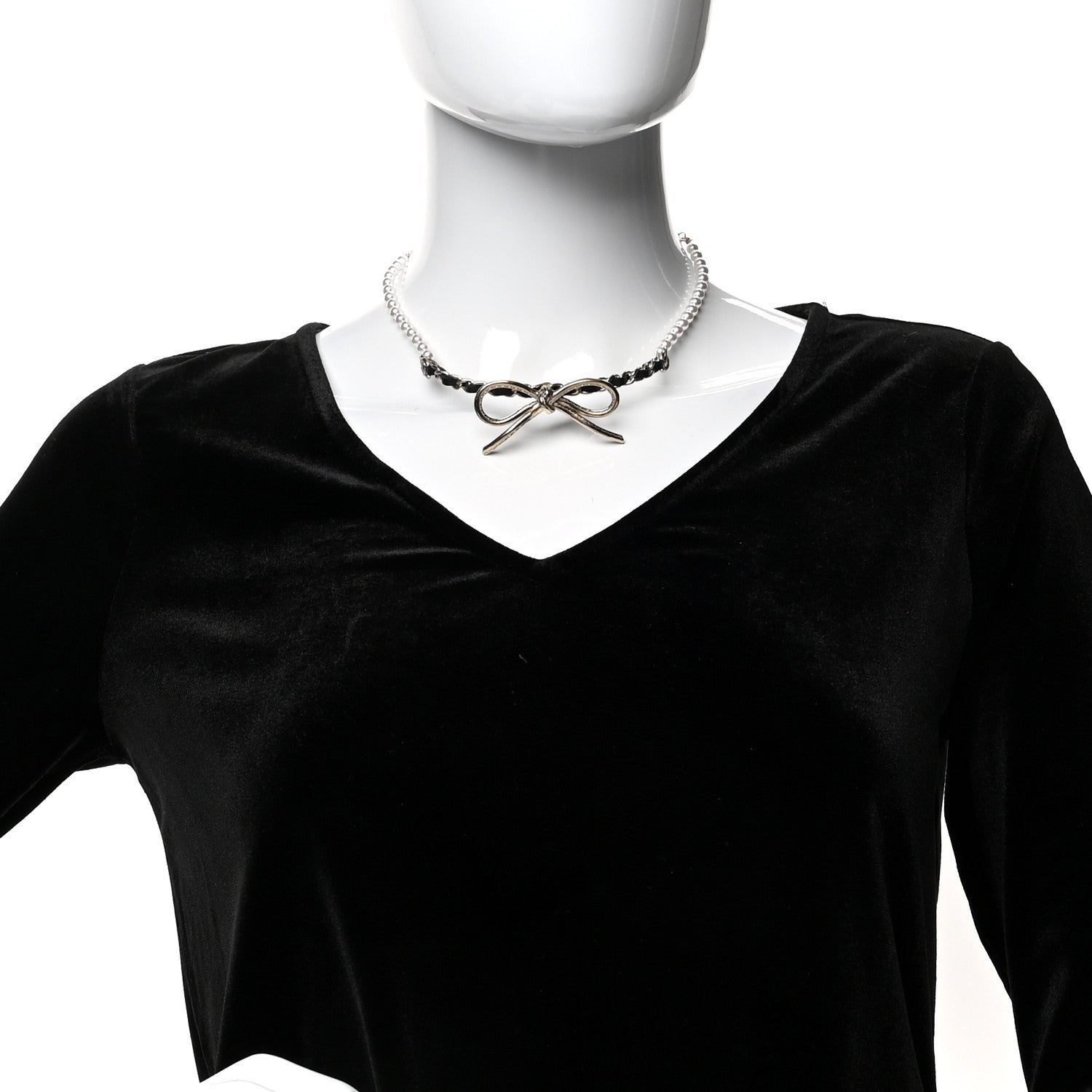 Chanel Calfskin Pearl Metal CC Bow Choker Necklace Gold White Black 2 of 5
