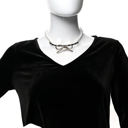 Chanel Calfskin Pearl Metal CC Bow Choker Necklace Gold White Black 2 of 5